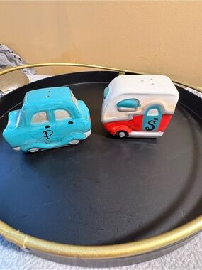 Ceramic Car and Camper Salt & Pepper Shakers - Blue, White, Red